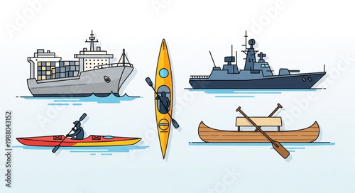Collection of watercraft including ships kayaks and canoes.