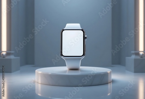 A white smartwatch with a blank screen on a circular pedestal in a modern minimalist setting. apple watch mockup
