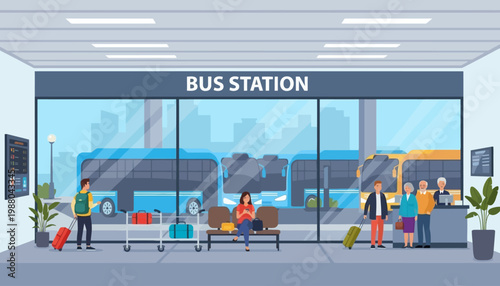 Illustration of people waiting at a bus station with luggage and city view