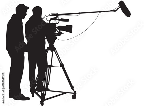 Film Production Silhouette of Camera Crew Operating Professional Tripod Camera