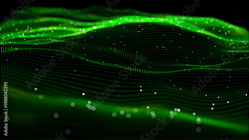 Futuristic green wave vector background with glowing particles and grid. Big data visualization, AI concept, data processing. Perfect for cybersecurity, blockchain tech presentation. Neon digital flow