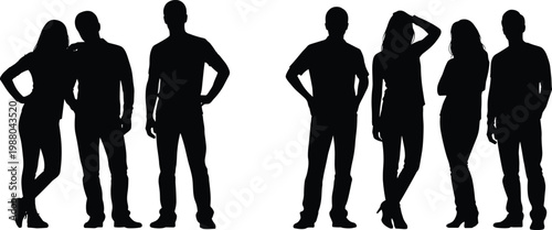 People silhouettes group, men and women standing poses, casual characters, black vector illustration, isolated human figures, modern lifestyle collection set