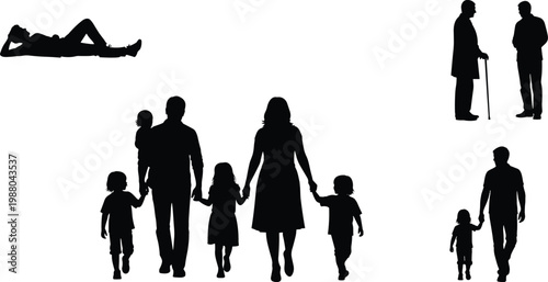 people, silhouette, family, group, lifestyle, activity, walking, together, parent, child, adult, senior, interaction, relationship, black, isolated, background, concept, diverse, set