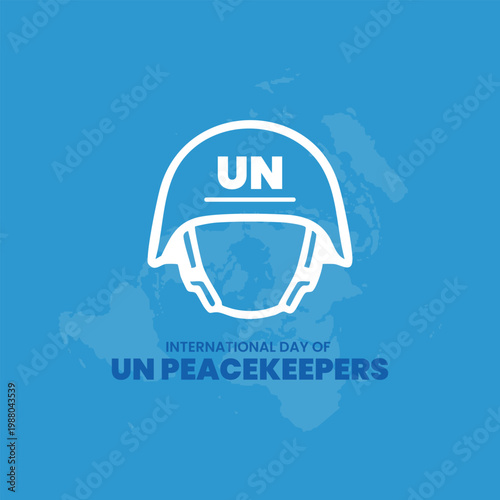 International day of un peacekeepers with blue helmet icon and world map