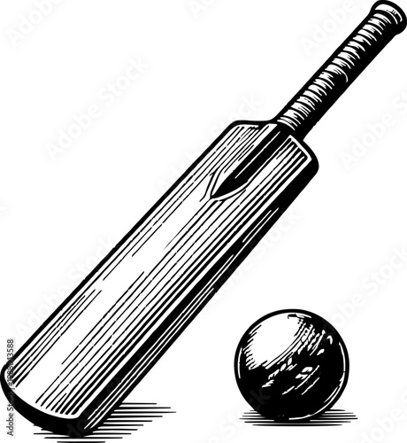 A black and white woodcut illustration of a cricket bat and ball. The equipment is shown on a plain white background.