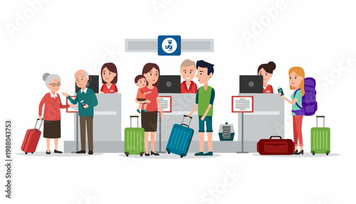 Illustration of diverse travelers with luggage standing at airline check-in counters in a busy airport terminal