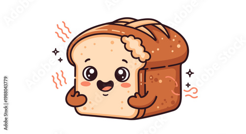 Kawaii Bread Loaf Character Illustration, Cute Fresh Baked Wheat Bread Sticker with Happy Face, Homemade Bakery Mascot Design for Kids and Kitchen Decor
