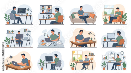 10 Man Working From Home Illustration Pack – Remote Work & Productivity Vector Collection