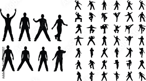 silhouette, human, poses, movement, dancing, action, figure, collection, black, isolated, white, background, activity, sport, gesture, body, dynamic, motion, set, illustration