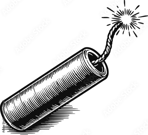 A black and white illustration of a vintage dynamite stick with a lit, burning fuse. The image suggests danger, potential explosion, and suspense.