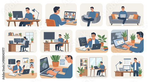 10 Man Working From Home Illustration Pack – Remote Work & Productivity Vector Collection