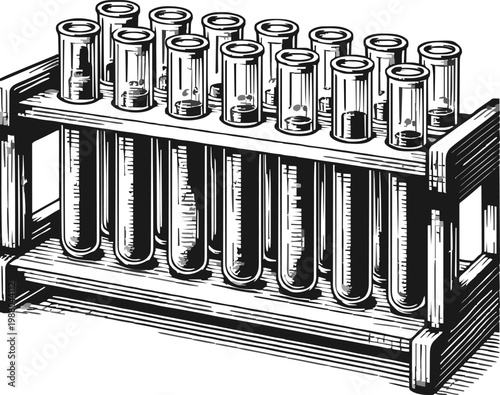 A vintage illustration depicts a wooden rack holding numerous glass test tubes filled with liquid, representing scientific research and experimentation.