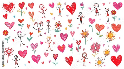 set of hand drawn hearts and flower