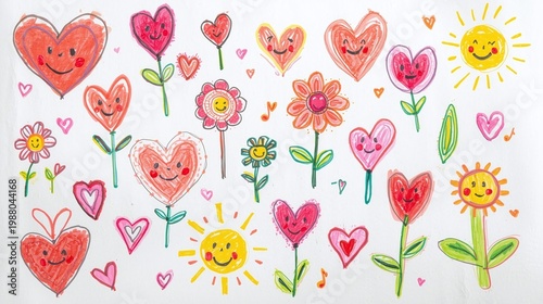 set of hand drawn hearts and flower