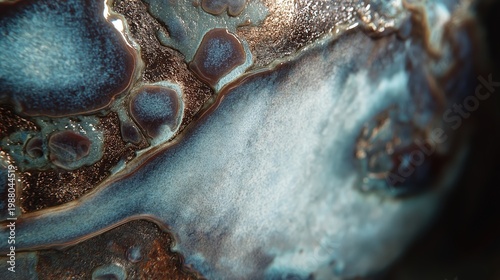Macro view of blue and brown ceramic glaze texture on handmade pottery. Abstract artistic background showing details of liquid glass pattern. Creative craft material for unique decor.