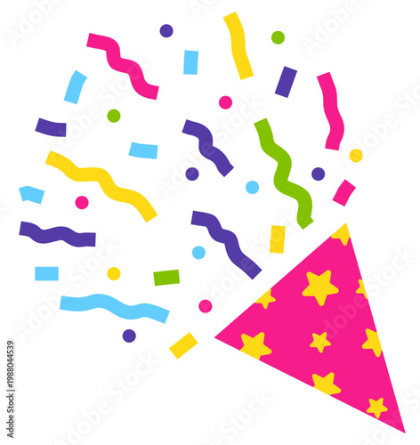 Party popper with confetti. Different firecrackers, exploding paper cones and cylinders. Cartoon emoji of birthday confetti explosion.
