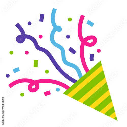 Party popper with confetti. Different firecrackers, exploding paper cones and cylinders. Cartoon emoji of birthday confetti explosion.