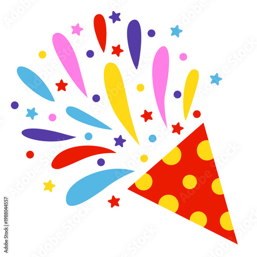 Party popper with confetti. Different firecrackers, exploding paper cones and cylinders. Cartoon emoji of birthday confetti explosion.