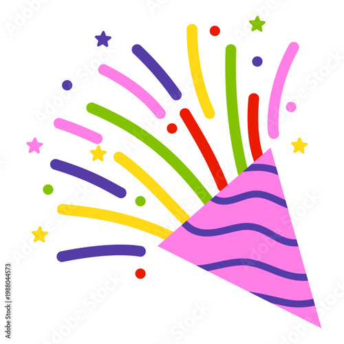 Party popper with confetti. Different firecrackers, exploding paper cones and cylinders. Cartoon emoji of birthday confetti explosion.