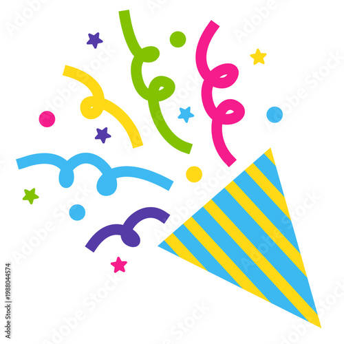 Party popper with confetti. Different firecrackers, exploding paper cones and cylinders. Cartoon emoji of birthday confetti explosion.