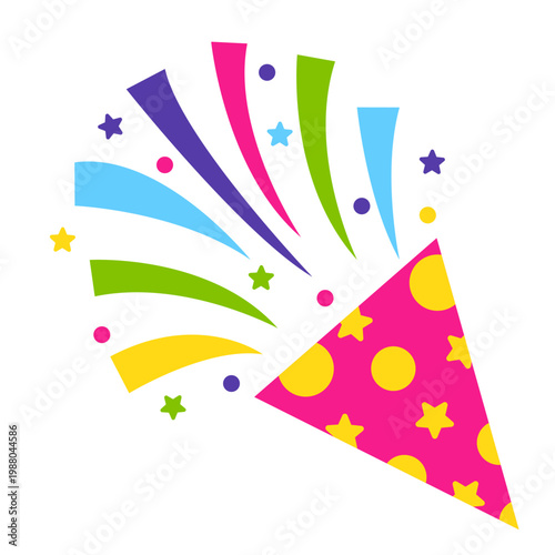 Party popper with confetti. Different firecrackers, exploding paper cones and cylinders. Cartoon emoji of birthday confetti explosion.