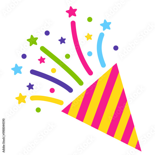 Party popper with confetti. Different firecrackers, exploding paper cones and cylinders. Cartoon emoji of birthday confetti explosion.