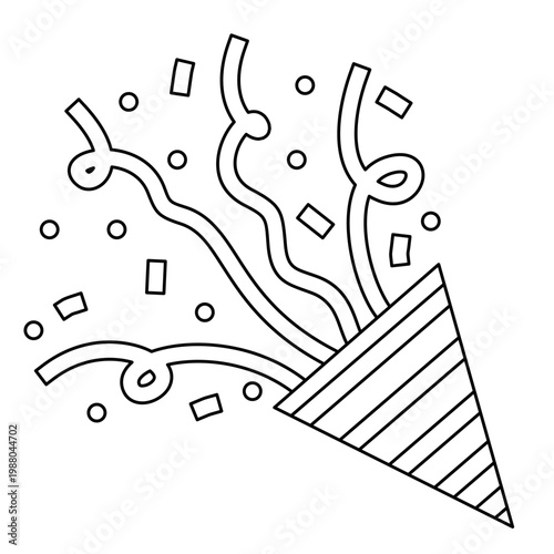 Outline of party popper with confetti. Different firecrackers, exploding paper cones and cylinders. Cartoon emoji of birthday confetti explosion. Line art style.