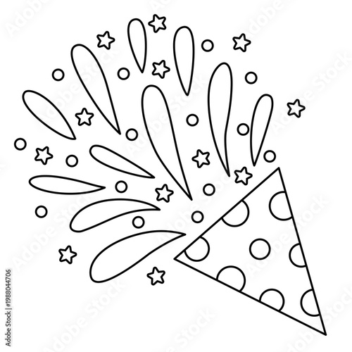 Outline of party popper with confetti. Different firecrackers, exploding paper cones and cylinders. Cartoon emoji of birthday confetti explosion. Line art style.
