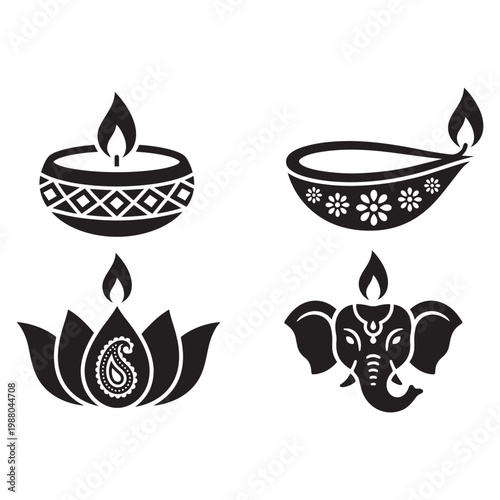 Black Diwali lamp and ganesh icons.