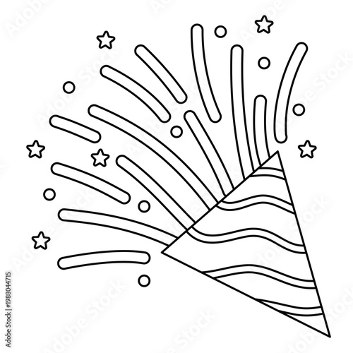 Outline of party popper with confetti. Different firecrackers, exploding paper cones and cylinders. Cartoon emoji of birthday confetti explosion. Line art style.