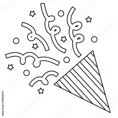 Outline of party popper with confetti. Different firecrackers, exploding paper cones and cylinders. Cartoon emoji of birthday confetti explosion. Line art style.
