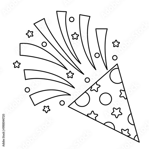 Outline of party popper with confetti. Different firecrackers, exploding paper cones and cylinders. Cartoon emoji of birthday confetti explosion. Line art style.