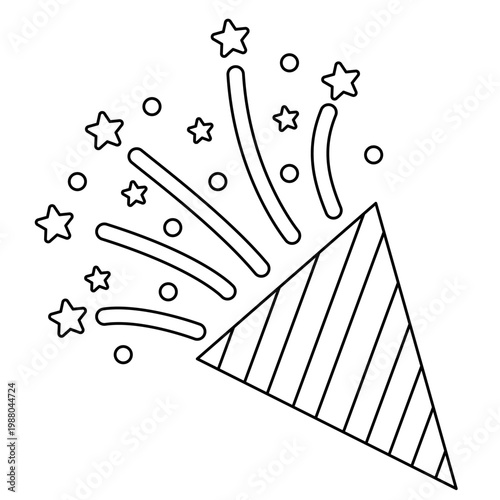 Outline of party popper with confetti. Different firecrackers, exploding paper cones and cylinders. Cartoon emoji of birthday confetti explosion. Line art style.