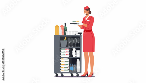 Full-body illustration of a flight attendant in a red uniform holding a tray next to a beverage cart