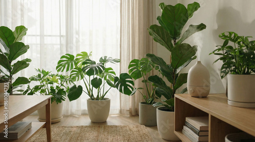 Modern Indoor Plants in Sunlit Living Room with Humidifier and Cozy Minimal Interior. Air humidifier 