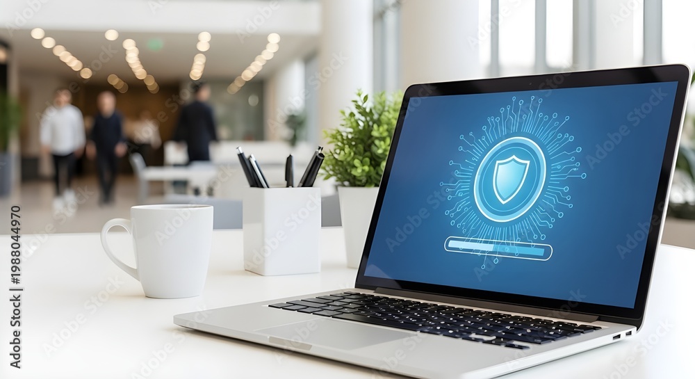 Fototapeta premium Cybersecurity concept laptop displaying a digital security shield in an office