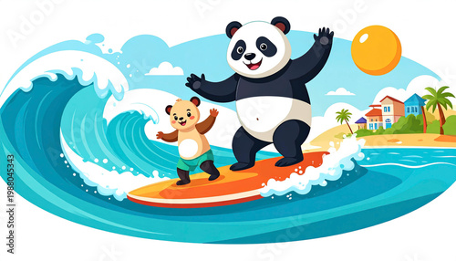 Cartoon pandas surfing side by side, playful father and son enjoying a beautiful day at sea.