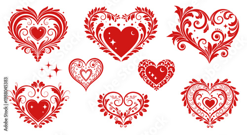 Decorative red hearts with intricate floral patterns for Valentine's Day or romantic themes