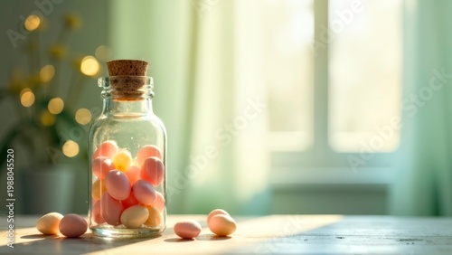 Glass jar with pastel colored eggs