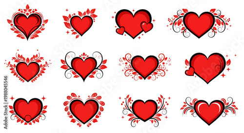 Decorative red hearts with floral and swirl designs for romantic themes