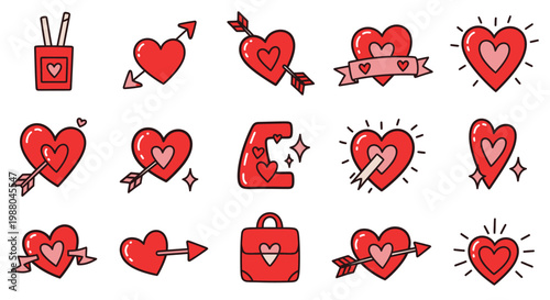 Valentine's Day Heart Icons with Arrows Ribbon and Bag