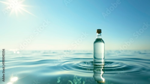 Glass bottle floating in calm ocean water under sunny sky