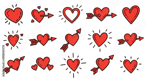 Collection of love hearts with arrows and radiating lines for love and romance themes