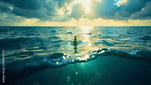 Bottle Floating in Sea at Sunset