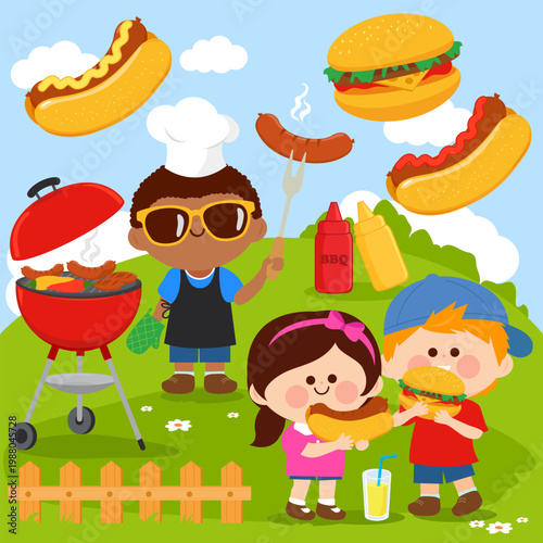 Children barbecue picnic party with bbq grill, boys and girls with hamburgers and hot dogs, kid with cooking apron cooking food. Happy little children eating food outdoors in the backyard. 