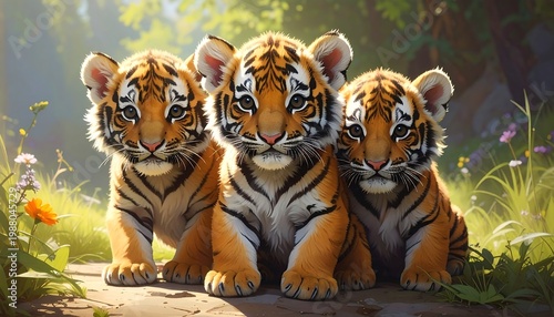 Three adorable tiger cubs sitting on a stone path