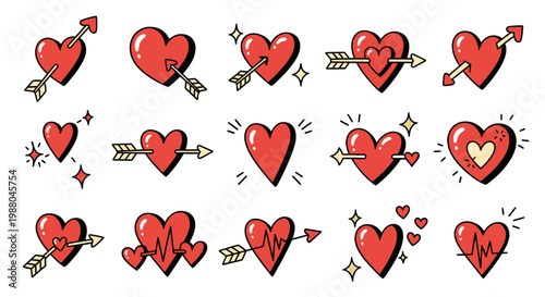 Set of hearts with arrows symbols representing love and affection