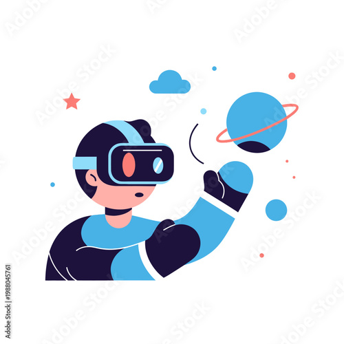 Person wearing VR headset exploring digital universe, holding planet