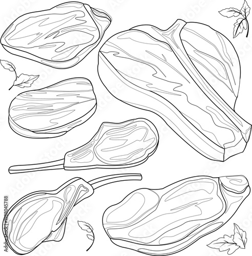 Pieces of red raw meat and steaks. Ribs, chops, butchery steaks slices of cut beef meat for cooking and barbecue. Vector clack and white coloring page
