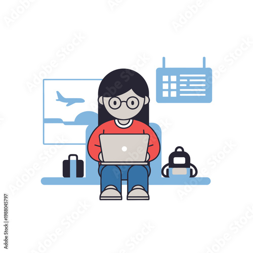 Person working on laptop at airport departure lounge, travel concept